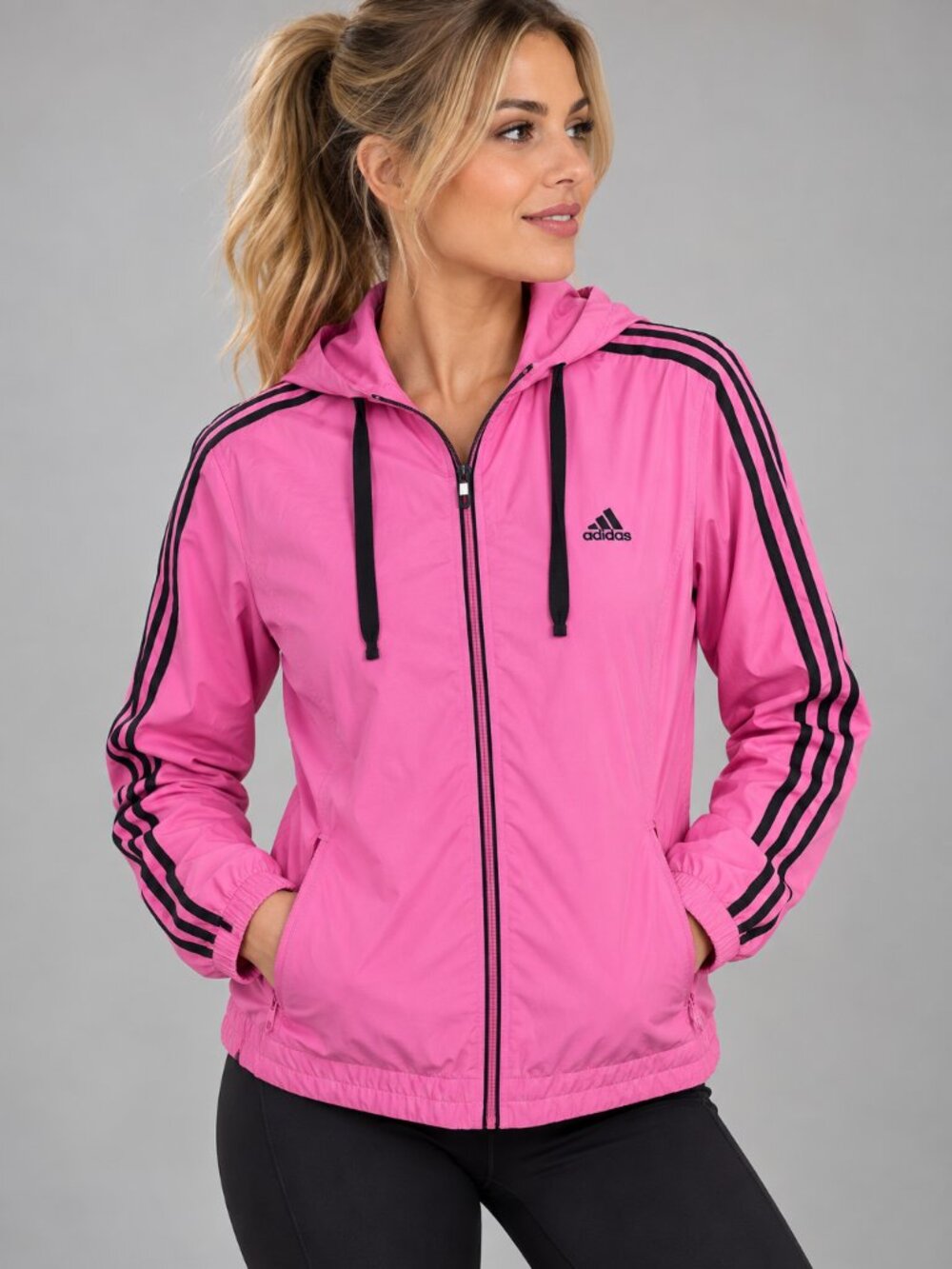 Adidas Women’s Pink Hooded Windbreaker Jacket 3 Stripe Full Zip 22” Pit to Pit